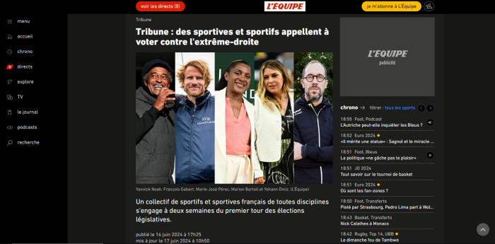 L'EQUIPE : Tribune : des sportives et sportifs appellent à voter contre l'extrême-droite